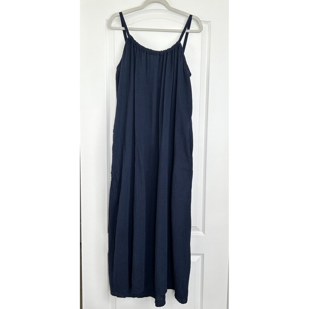 LAKE Crinkle Gauze Maxi Dress Sleeveless Womens Size M Navy Blue Flowy Lagenlook
